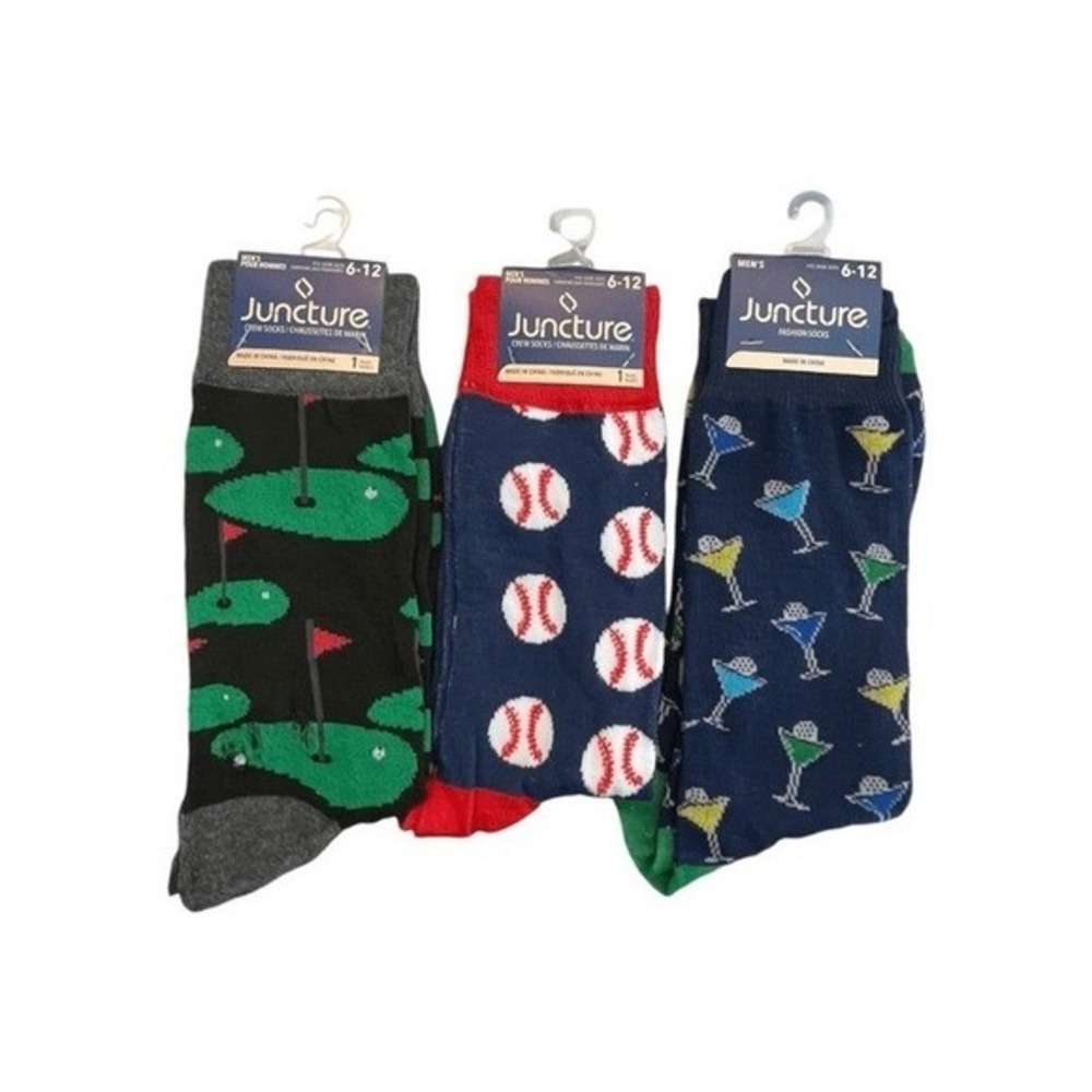 Juncture Sports Crew Socks 3 Pack Lot Black Blue Knit Baseball Gold Martini Men'